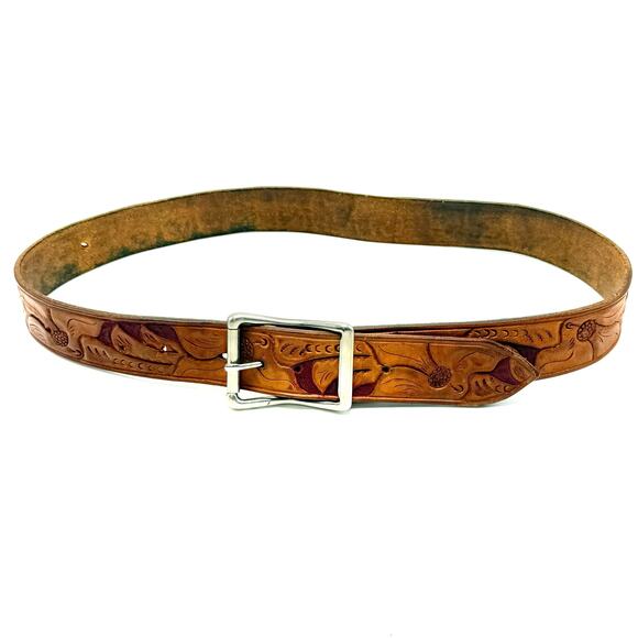 Vintage Western Cowboy Belt 30 Brown Tooled Leather Name Eugene M Hand Painted - Picture 4 of 10